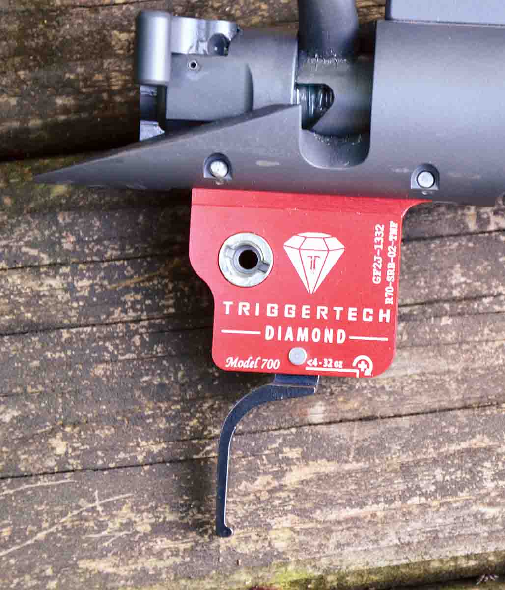 The pull weight adjustment range of the TriggerTech Diamond trigger is 4 to 32 ounces and the owner of the rifle had adjusted it to 12 ounces. It is an excellent choice for a rifle used in competition, but the H-S Precision trigger is a better choice for a hunting rifle.